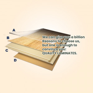 Diagram showing the layers of laminate flooring with text highlighting quality.