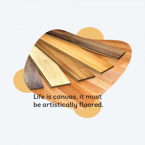 Assortment of wood flooring samples with text overlay