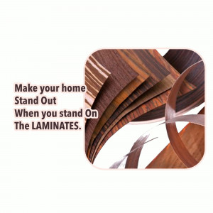 Close-up of layered laminate wood textures with promotional text