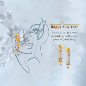 Gold and diamond earrings with a floral and face silhouette background, wishing a Happy New Year.