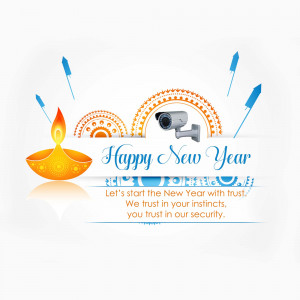 New Year greeting with security camera and diya