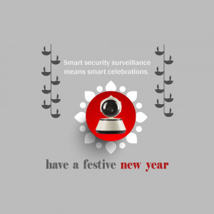 Security camera with festive decorations and New Year greeting