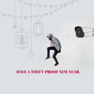 Image depicting a hooded figure attempting to steal something while under surveillance by a security camera, with festive decorations in the background.