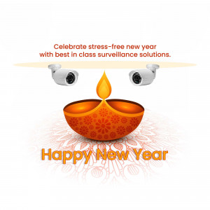 Diya lamp with security cameras and Happy New Year text