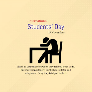 Illustration of a student studying at a desk with text celebrating International Students' Day.