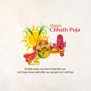 Chhath Puja illustration with sun, offerings, and traditional elements
