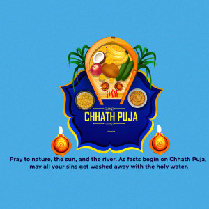 Illustration of a Chhath Puja offering with fruits, sweets, and traditional elements.