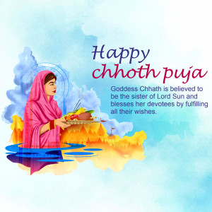 Chhath Puja illustration with a woman offering prayers to the Sun God