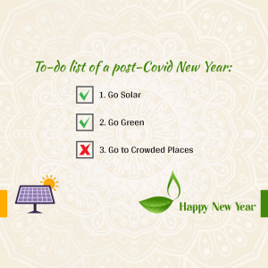 Infographic showing a to-do list for a post-Covid New Year, focusing on sustainability and safety.