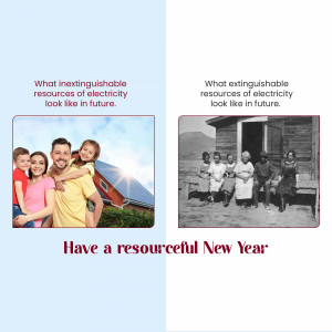 A split image showing a modern family with solar panels and a vintage photo of people gathered near a power plant, with the text 'Have a resourceful New Year'.