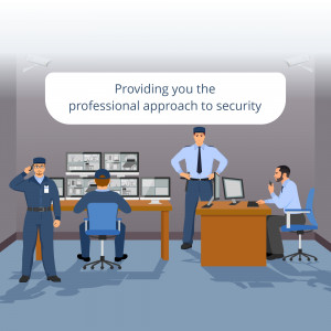 Illustration of a security control room with guards and monitoring screens.