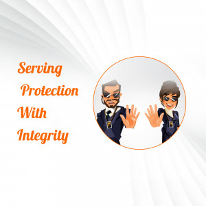 Two security professionals in suits and sunglasses gesturing with open palms, with text 'Serving Protection With Integrity'.