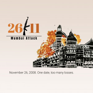Illustration depicting the 26/11 Mumbai attacks with a silhouette of the Taj Mahal Hotel and a weapon.