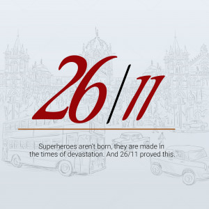 Image commemorating the 26/11 Mumbai attacks with the date prominently displayed and a cityscape in the background.