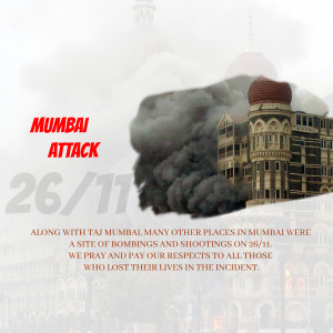 Image commemorating the 26/11 Mumbai attacks with the Taj Mahal Palace Hotel in the background and smoke.