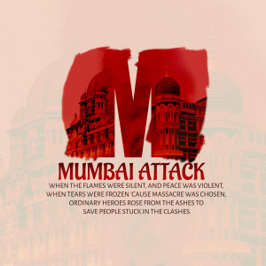 Image depicting the Mumbai Attacks with the letter 'M' and the Chhatrapati Shivaji Maharaj Terminus in the background.