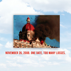 Image of the Taj Mahal Palace Hotel during the 2008 Mumbai attacks with smoke billowing from it.