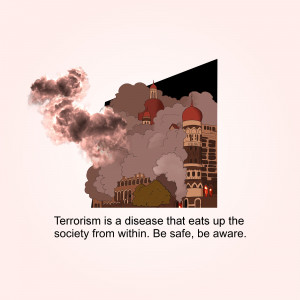 Illustration depicting a building with smoke and text about terrorism