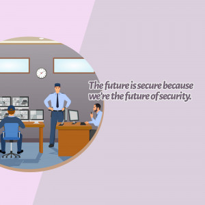 Security control room with guards monitoring screens