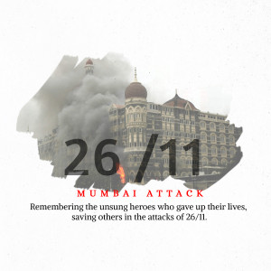 Memorial image for the 26/11 Mumbai attacks featuring the Taj Mahal Palace Hotel and the date.