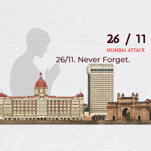 Image commemorating the 26/11 Mumbai attacks with the Taj Mahal Palace Hotel and the Gateway of India.