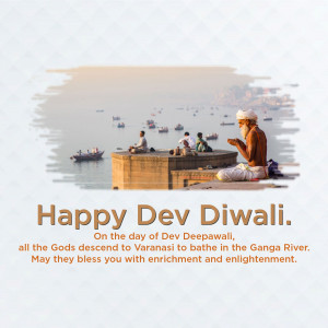 A man praying at a ghat in Varanasi during Dev Diwali, with boats on the Ganga River in the background.