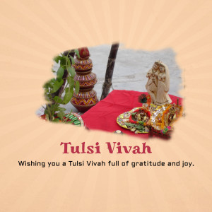 Tulsi Vivah ceremony with idols, offerings, and Tulsi plant