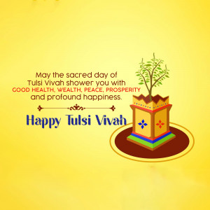 Image depicting a Tulsi plant in a decorated pot with text wishing 'Happy Tulsi Vivah'