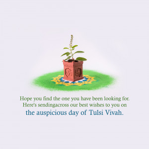 Tulsi plant in a pot on a decorated plate with a festive message