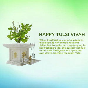 Image depicting Tulsi plant with religious items and text 'Happy Tulsi Vivah'