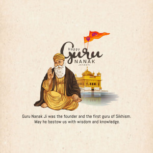 Illustration of Guru Nanak with the Golden Temple in the background