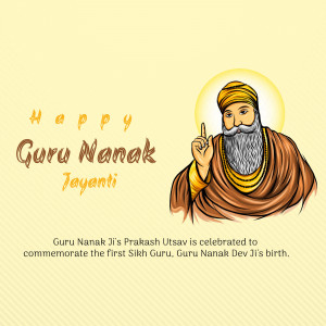 Illustration of Guru Nanak Dev Ji with text 'Happy Guru Nanak Jayanti'