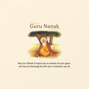 Illustration of Guru Nanak meditating under a tree with text 'Happy Guru Nanak Jayanti'