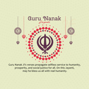 Guru Nanak Jayanti celebration with Khanda symbol and festive decorations