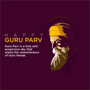 Illustration of Guru Nanak Dev Ji with text 'Happy Guru Parv'