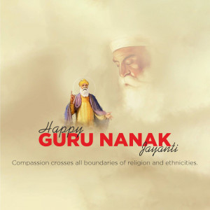 Image depicting Guru Nanak with text 'Happy Guru Nanak Jayanti'