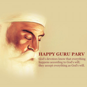 Portrait of Guru Nanak with text 'Happy Guru Parv'