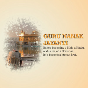 Image depicting the Golden Temple with text celebrating Guru Nanak Jayanti and a message about humanity.