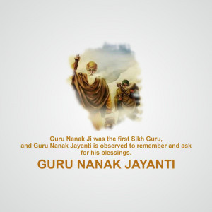 Image depicting Guru Nanak and followers with text 'Guru Nanak Jayanti'