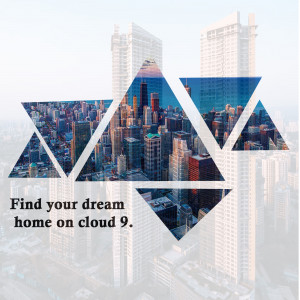 Abstract cityscape with text 'Find your dream home on cloud 9'