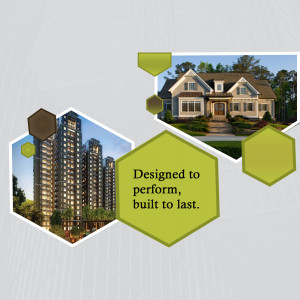 Collage of a house and apartment buildings with a design theme.