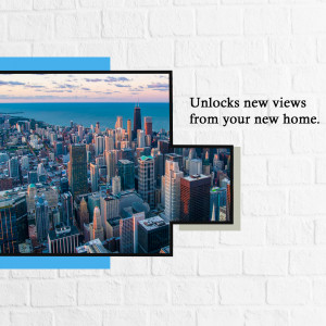 Aerial view of the Chicago skyline with text overlay 'Unlocks new views from your new home.'