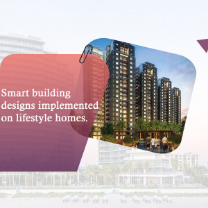 Modern high-rise apartment building with a promotional graphic.