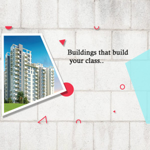 Image of modern high-rise buildings with a graphic design overlay.