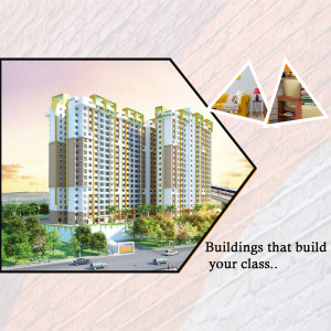 Modern apartment building with surrounding greenery and smaller inset images of interior spaces.