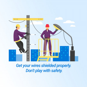 Two linemen working on high-voltage power lines with a city skyline in the background.