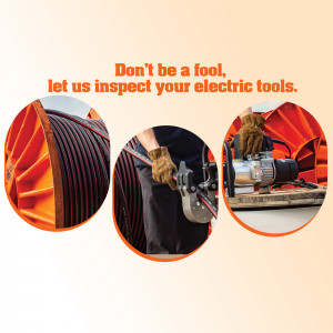 Image promoting electric tool inspection services with close-ups of tools and wiring.