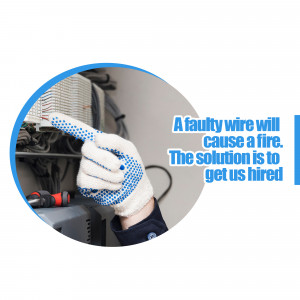 Electrician inspecting a faulty wire with text highlighting fire prevention.