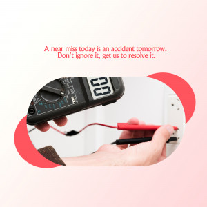 A hand using a multimeter to test an electrical outlet with a warning message about electrical safety.