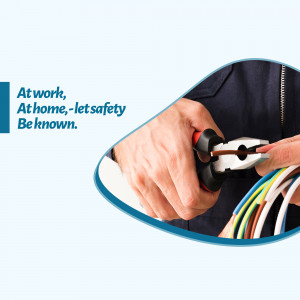 Hands using wire strippers on electrical wires with safety message